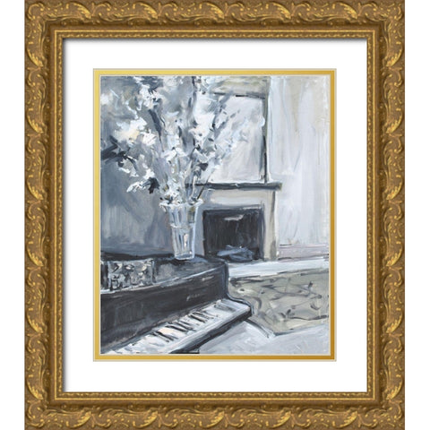 Piano And Fireplace Gold Ornate Wood Framed Art Print with Double Matting by Stevens, Allayn