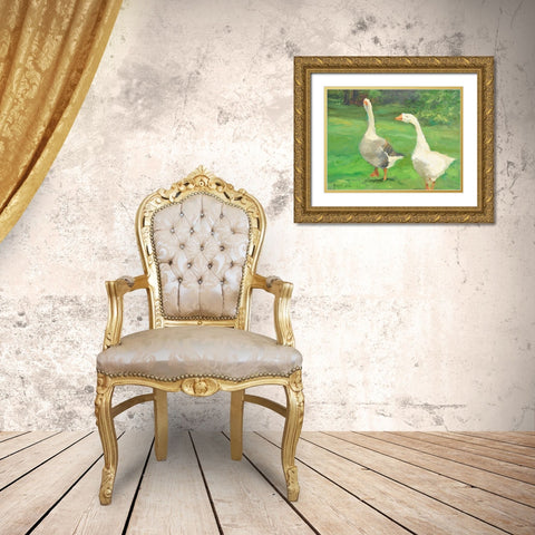 Geese Stroll Gold Ornate Wood Framed Art Print with Double Matting by Stevens, Allayn