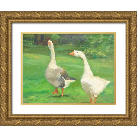 Geese Stroll Gold Ornate Wood Framed Art Print with Double Matting by Stevens, Allayn