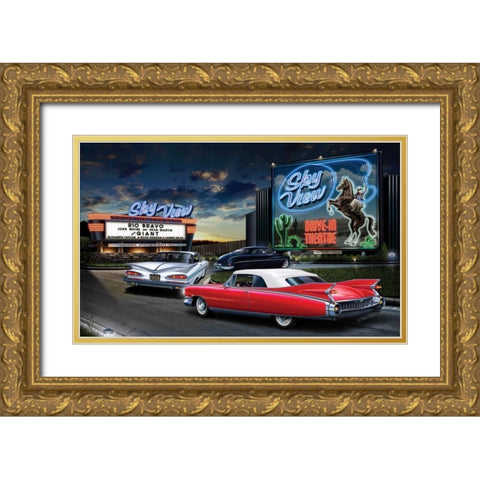 Skyview Drive In Gold Ornate Wood Framed Art Print with Double Matting by Flint, Helen
