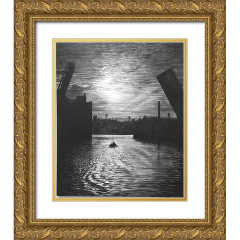 Sunset Bridge Gold Ornate Wood Framed Art Print with Double Matting by Gipe, Lawernce