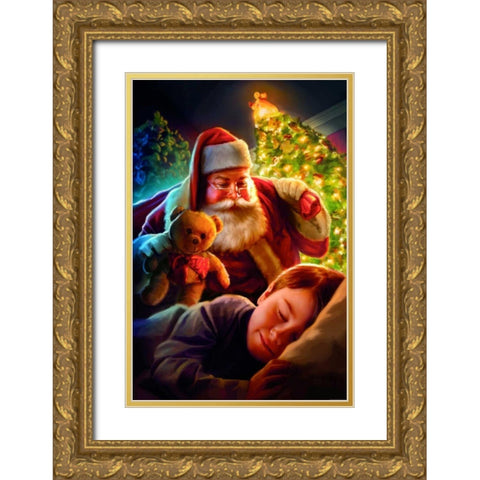 Santa Teddy Bear Gold Ornate Wood Framed Art Print with Double Matting by Brando, JJ
