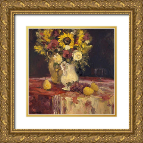 Sunflowers And Wine Gold Ornate Wood Framed Art Print with Double Matting by Stevens, Allayn