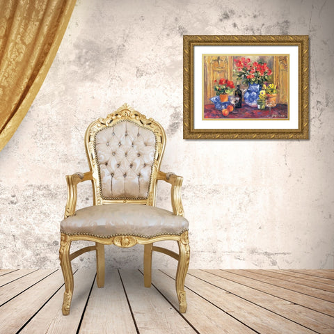 Red Flowers Gold Ornate Wood Framed Art Print with Double Matting by Stevens, Allayn