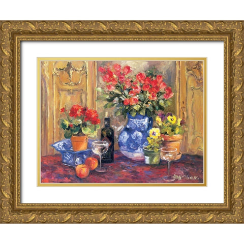 Red Flowers Gold Ornate Wood Framed Art Print with Double Matting by Stevens, Allayn