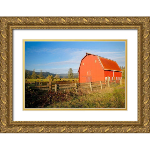 Red Barn With Cows Gold Ornate Wood Framed Art Print with Double Matting by Vizvary, Susan
