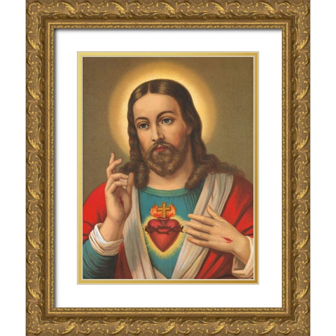 HL. HERZ JESU Gold Ornate Wood Framed Art Print with Double Matting by Anonymous
