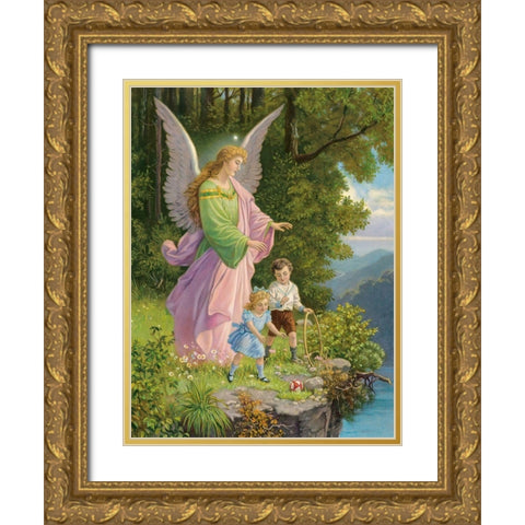 HL. SCHUTZENGEL Gold Ornate Wood Framed Art Print with Double Matting by Anonymous