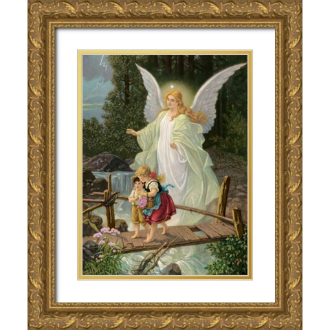 Guardian Angel Gold Ornate Wood Framed Art Print with Double Matting by Anonymous