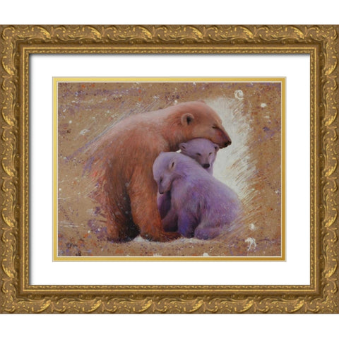 Polar bear with two cubs Gold Ornate Wood Framed Art Print with Double Matting by Chamard, Jean-Marc