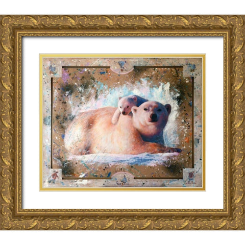 Polar bear with cub 01 Gold Ornate Wood Framed Art Print with Double Matting by Chamard, Jean-Marc