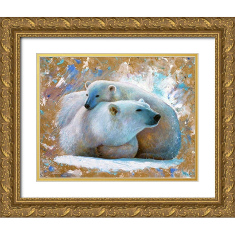 Polar Bear with cub 03 Gold Ornate Wood Framed Art Print with Double Matting by Chamard, Jean-Marc