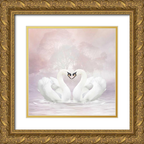 Love Swans Gold Ornate Wood Framed Art Print with Double Matting by Babette