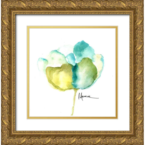 Flor Azul Verde Gold Ornate Wood Framed Art Print with Double Matting by Herrera, Leticia