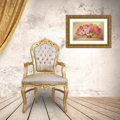 Pink Roses Gold Ornate Wood Framed Art Print with Double Matting by Dvoretskiy, Petrovich