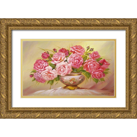 Pink Roses Gold Ornate Wood Framed Art Print with Double Matting by Dvoretskiy, Petrovich