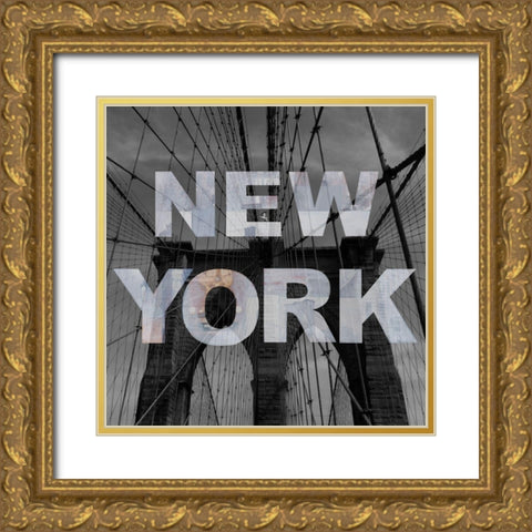 New York Collage Gold Ornate Wood Framed Art Print with Double Matting by Holzner, Renate
