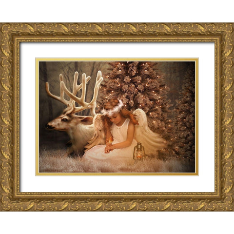 Christmas Angel Gold Ornate Wood Framed Art Print with Double Matting by Babette