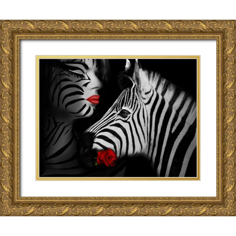 Zebra Love Gold Ornate Wood Framed Art Print with Double Matting by Babette