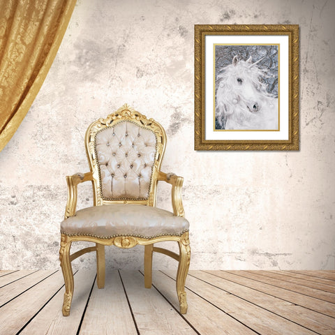 Christmas Unicorn Gold Ornate Wood Framed Art Print with Double Matting by Babette