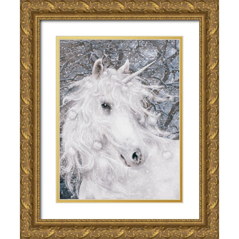 Christmas Unicorn Gold Ornate Wood Framed Art Print with Double Matting by Babette