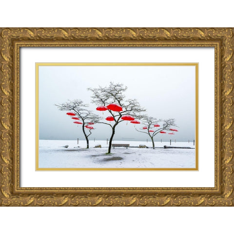 Red Umbrellas Gold Ornate Wood Framed Art Print with Double Matting by Kostka, Vladimir