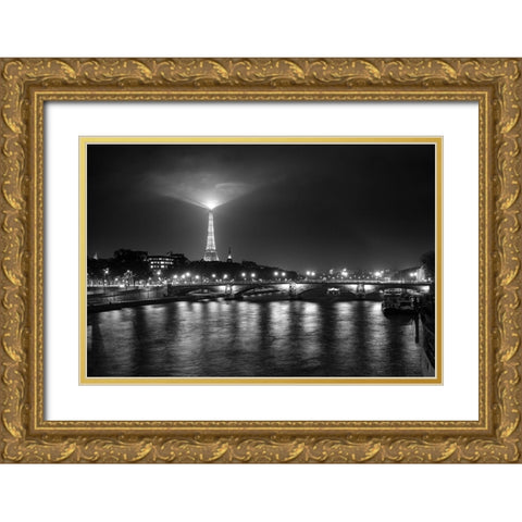 Eifeltower Lights Bw Gold Ornate Wood Framed Art Print with Double Matting by Kostka, Vladimir