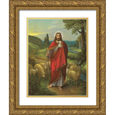 DER GUTE HIRTE Gold Ornate Wood Framed Art Print with Double Matting by Anonymous