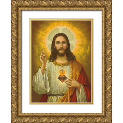 HL. HERZ JESU Gold Ornate Wood Framed Art Print with Double Matting by Anonymous