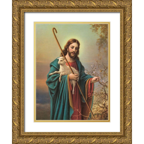 DER GUTE HIRTE Gold Ornate Wood Framed Art Print with Double Matting by Anonymous