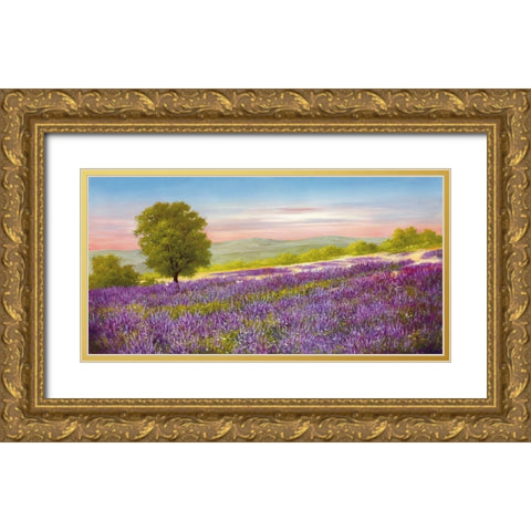 LAVENDER FIELD Gold Ornate Wood Framed Art Print with Double Matting by Schoelnhammer, Heinz