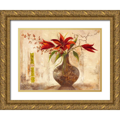 Red Lilies Gold Ornate Wood Framed Art Print with Double Matting by Field, Anna