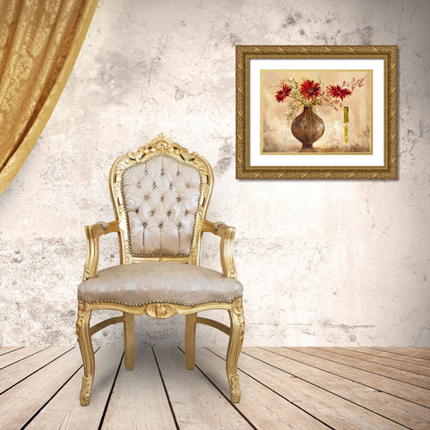 Red Gerberas Gold Ornate Wood Framed Art Print with Double Matting by Field, Anna