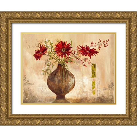 Red Gerberas Gold Ornate Wood Framed Art Print with Double Matting by Field, Anna