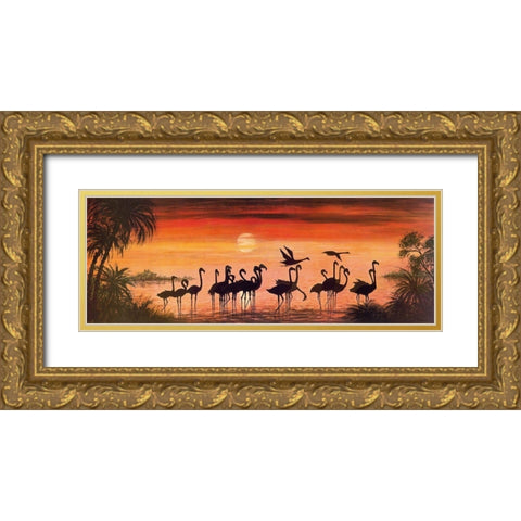 FLAMINGOS IN THE SUNSET Gold Ornate Wood Framed Art Print with Double Matting by Werner