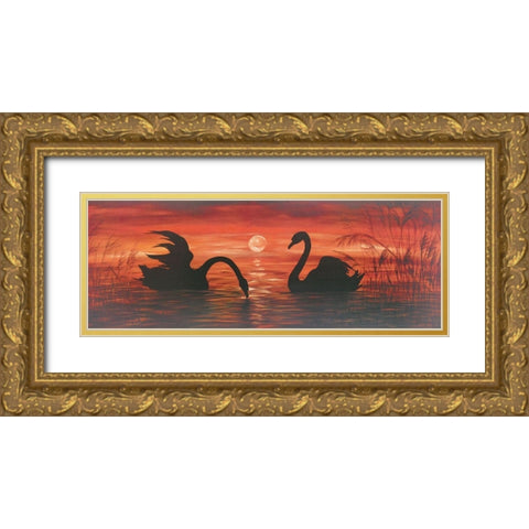 SWANS IN THE SUNSET Gold Ornate Wood Framed Art Print with Double Matting by Werner