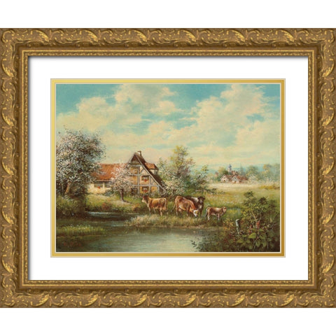 COWS BY THE RIVER Gold Ornate Wood Framed Art Print with Double Matting by Pila