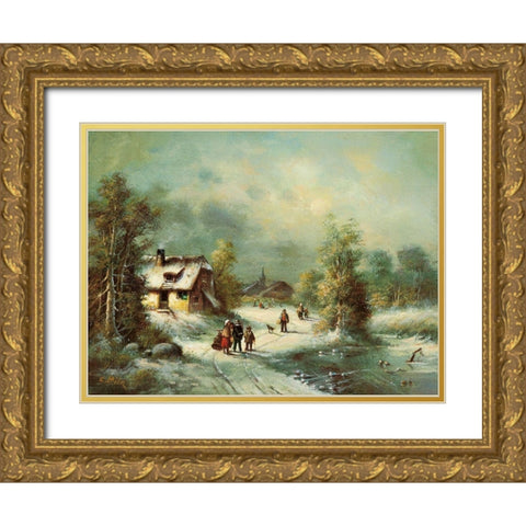 WINTER WALK Gold Ornate Wood Framed Art Print with Double Matting by Pila