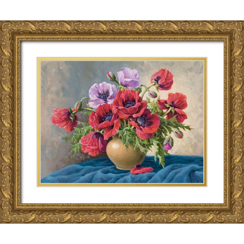RED POPPIES ON BLUE CLOTH Gold Ornate Wood Framed Art Print with Double Matting by Krueger, E.