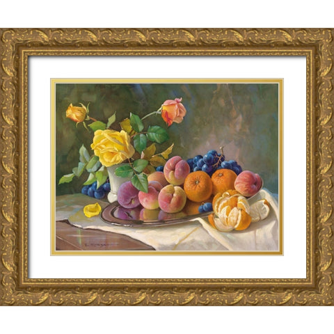 YELLOW ROSE AND FRUITS Gold Ornate Wood Framed Art Print with Double Matting by Krueger, E.