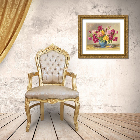 ROSES IN A BLUE VASE Gold Ornate Wood Framed Art Print with Double Matting by Krueger, E.