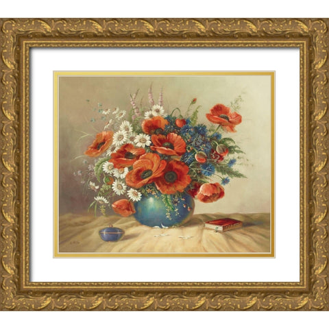 FRESH POPPIES Gold Ornate Wood Framed Art Print with Double Matting by Pila