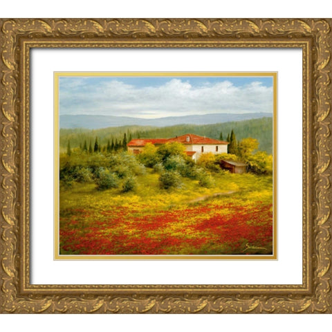 Landscape With Poppies II Gold Ornate Wood Framed Art Print with Double Matting by Schoelnhammer, Heinz