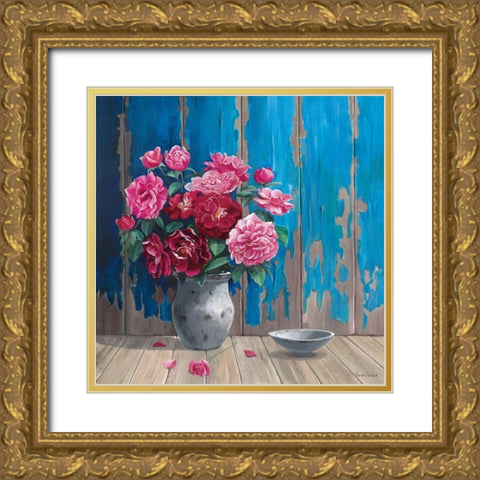 AGED WOOD AND ROSES Gold Ornate Wood Framed Art Print with Double Matting by v.d. Valk, Karin