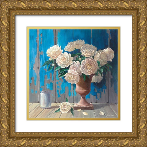 AGED WOOD AND PEONIES Gold Ornate Wood Framed Art Print with Double Matting by v.d. Valk, Karin