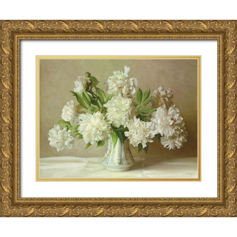 WHITE PEONIES Gold Ornate Wood Framed Art Print with Double Matting by Buzin, Igor