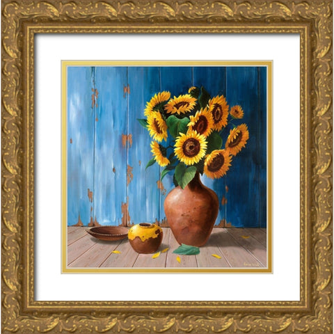 AGED WOOD AND SUNFLOWERS Gold Ornate Wood Framed Art Print with Double Matting by v.d. Valk, Karin
