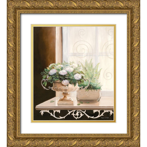 FLOWERS AT THE WINDOW I Gold Ornate Wood Framed Art Print with Double Matting by v.d. Valk, Karin