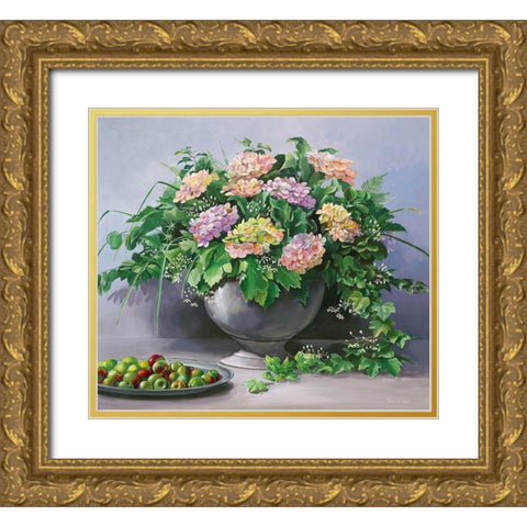 FLOWERS AND APPLES Gold Ornate Wood Framed Art Print with Double Matting by v.d. Valk, Karin
