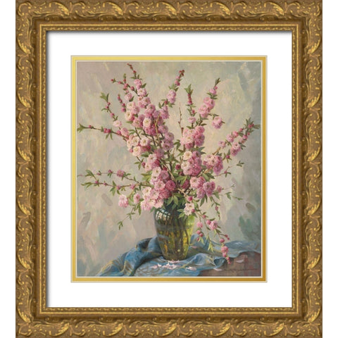 PINK CHERRY BLOSSOMS Gold Ornate Wood Framed Art Print with Double Matting by Krueger, E.